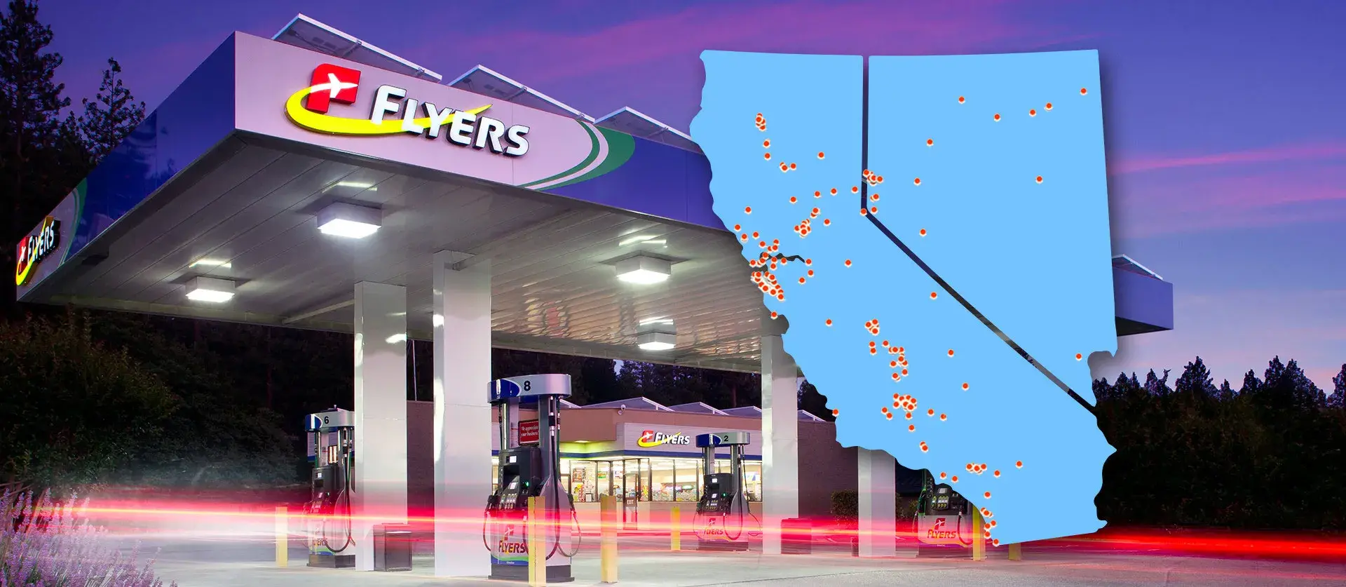 Flyers site with blue California and Nevada map overlay.